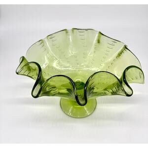 Bowl - LE Smith Hand Blown Green Pedestal Controlled Bubbles RuffledRim 11.5"W